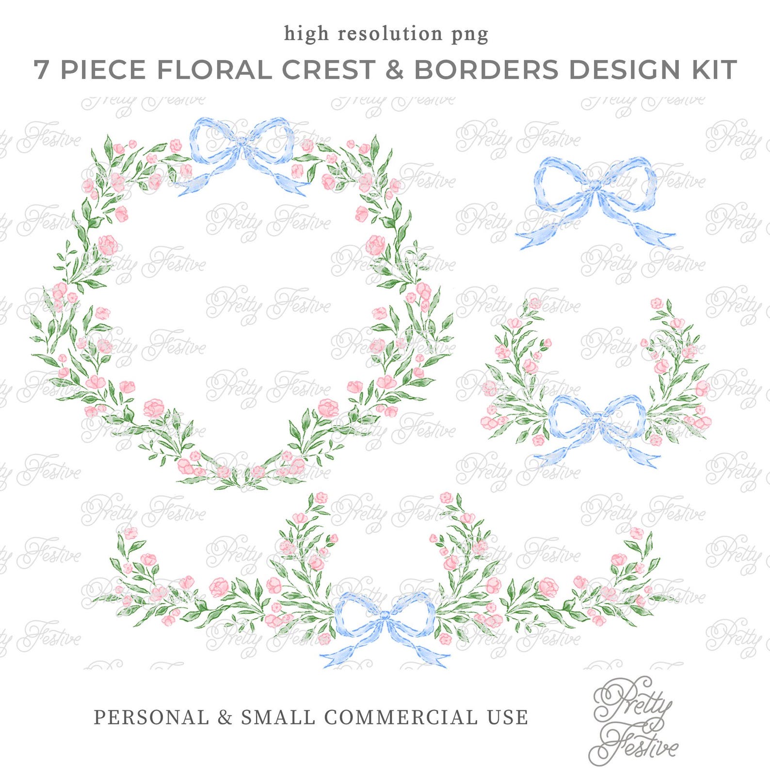Pink Florals & Blue Bows Crest Borders and Elements Watercolour Clipart ...