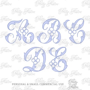 Watercolor Blue Floral ALPHABET clipart set Hand drawn. Set of 26 decorative letters for stationery, monograms, personalised sublimation 046