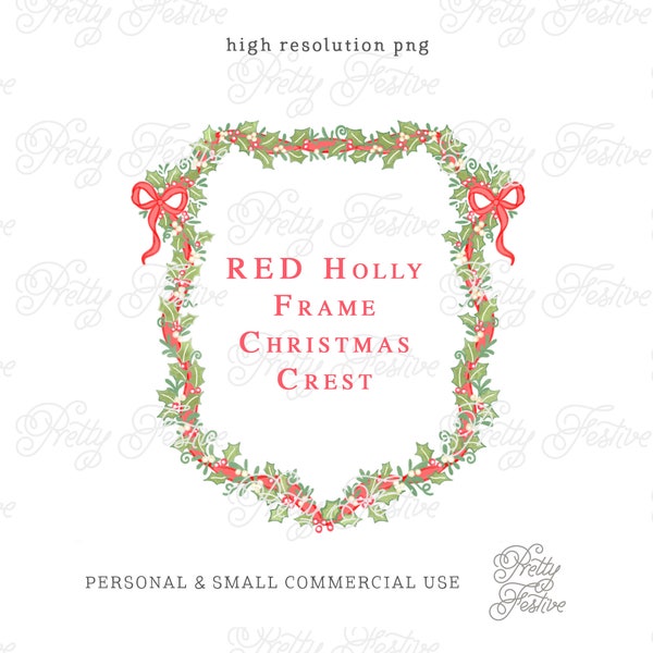 Red Ribbon Christmas Crest Clipart, Red Bows & Greenery Holly Berries, Christmas Swags Ribbon, Grandmilennial Preppy Christmas Crest 097