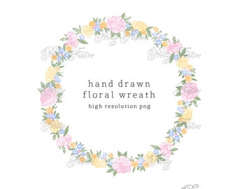 Pretty Floral watercolour Wreath clipart |  Yellow Pink and Blue watercolour flower border frame for printable personalized stationery 049
