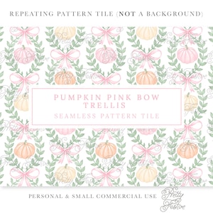 Pink Bow Pastel Pumpkin Block print Seamless Repeating Pattern Tile, Fall Pumpkin fabric print, Preppy Grand Millennial Fall Pattern 092