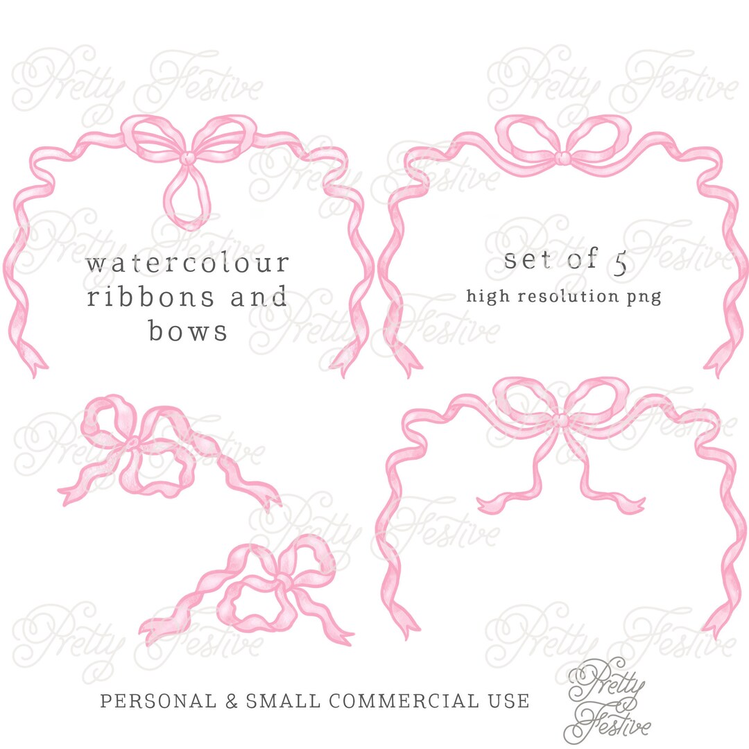 Pink Watercolour Ribbons and Bows Frames Preppy Design Elements Set ...