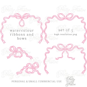 Pink Watercolour Ribbons and Bows Frames Preppy Design Elements set, Grandmillenial Bows & Ribbon Clipart 006