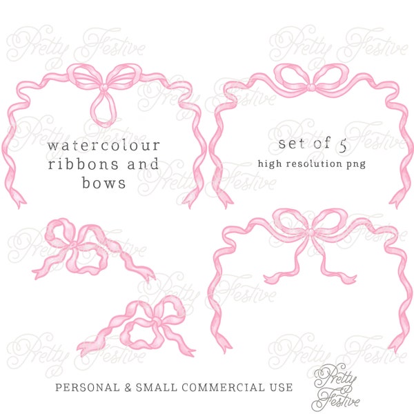 Pink Watercolour Ribbons and Bows Frames Preppy Design Elements set, Grandmillenial Bows & Ribbon Clipart 006