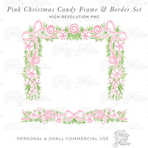 Pink Bow Christmas Candy & Green Floral Frame Border clipart design set, pink ribbon and fir swag, candy canes for printable invitations 147