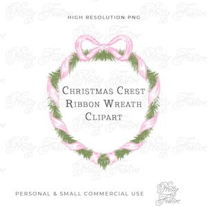 Pink Christmas Crest Clipart with ribbon and bow, Boxwood Fir Crest png, Monogram Holiday Photo cards, gift tags, grandmillenal preppy 077