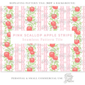 Preppy Pink Scalloped Red Apple Floral Stripe School Days Seamless Repeating Pattern , Grandmillennial Heirloom, First Day of School 156