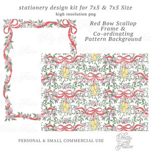 Red Ribbon Preppy Christmas Watercolor Frame & Background set 7x5,Bells, Mistletoe, Red Bows, Traditional Christmas Printable Stationery 161