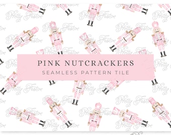 Pink Nutcrackers Christmas seamless pattern, Watercolor Christmas nutcrackers repeat pattern, Grand Millennial Christmas Cards, Apparel 087