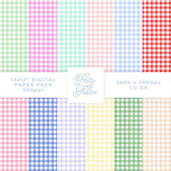 12x12 Watercolor Summer Gingham Digital Papers, Printable Background Papers, 12 colors, printable patterned gingham check background  118