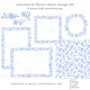 Chinoiserie Chintz Floral Blue Block Print Frames & Clipart set, watercolor blue and white printable wreath, Preppy Grandmillenial style 138