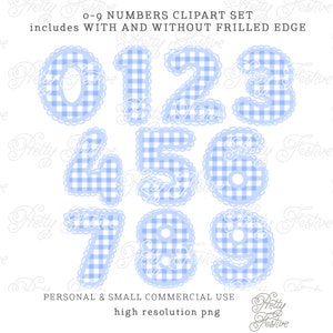 Blue Gingham Scallop Edge Numbers Clipart for Baby Boy Birthday Party, Cupcake toppers, watercolor blue gingham numbers png, sublimation 104
