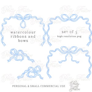 Blue Watercolour Ribbons and Bows Frames and Design Elements | Grandmillenial Bows and Ribbon Swag Clipart Blue and White 006
