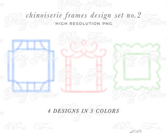 May include: Four digital frame designs in blue, pink, and green. The frames are in a chinoiserie style. The text "chinoiserie frames design set no. 2" and "HIGH RESOLUTION PNG" is at the top of the image. The text "4 DESIGNS IN 3 COLORS" is in the middle of the image. The text "PERSONAL & SMALL COMMERCIAL USE" is at the bottom of the image.