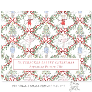 Christmas Nutcracker Ballet Seamless Repeating Pattern, Clara, Mouse King, Ballerina, Nutcracker Fabric Print, Preppy Grand Millennial 144