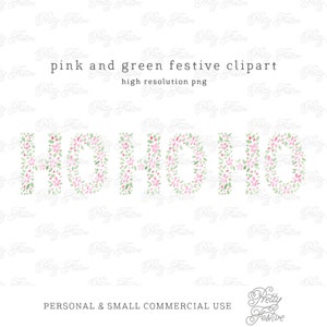 Hohoho Pink and Green Christmas Foliage clipart sublimation design, Pretty xmas florals, Greeting Cards & Tags, Personalised Stationery 079