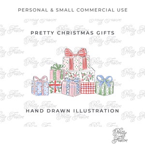 Christmas Gift Stack Illustration, Clipart, Vintage Christmas Present Stack, Preppy, Chinoiserie, Grand Millennial, Christmas Bows 157