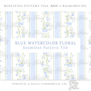 Blue Floral Watercolor Stripe, Repeating Seamless Pattern, Climbing Floral, Wildflowers Block Print Pattern, Grandmillennial Preppy 120