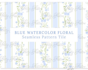 Blue Floral Watercolor Stripe, Repeating Seamless Pattern, Climbing Floral, Wildflowers Block Print Pattern, Grandmillennial Preppy 120