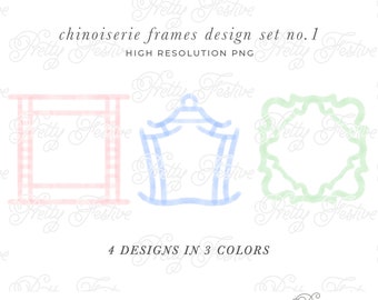 May include: Four digital illustrations of chinoiserie frames in pink, blue, and green. The frames are in a watercolor style and have a gingham pattern. The text "chinoiserie frames design set no. 1" and "HIGH RESOLUTION PNG" is at the top of the image. The text "4 DESIGNS IN 3 COLORS" is in the middle of the image. The text "PERSONAL & SMALL COMMERCIAL USE" is at the bottom of the image.