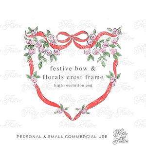 Red Christmas Bow Crest Frame with Pink Florals, Preppy Personalised Holiday Photo cards, Grand Millennial Christmas Monogram Stationery 161