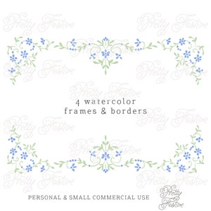 Puede incluir: Cuatro marcos y bordes de acuarela con un delicado diseño floral con flores azules y hojas verdes. El texto "4 marcos y bordes de acuarela" está en el centro de la imagen. El texto "USO PERSONAL Y COMERCIAL PEQUEÑO" está en la parte inferior de la imagen.