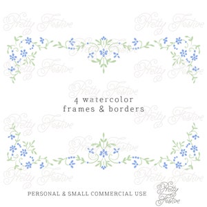 4 watercolor clipart vintage border & frames set, blue floral flourish divider for invitations, journaling, stationery, printable labels 011