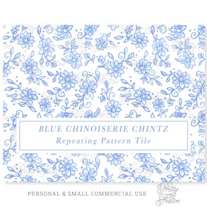 Blue Floral Chinoiserie Chintz Block Print Seamless Repeating Pattern, Preppy Grand Millennial Christmas Winter Print Hanukkah Repeat 138