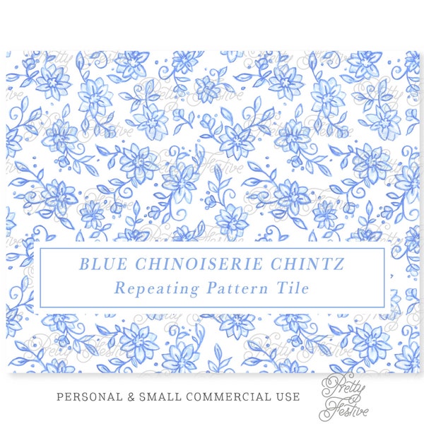 Blue Floral Chinoiserie Chintz Block Print Seamless Repeating Pattern, Preppy Grand Millennial Christmas Winter Print Hanukkah Repeat 138