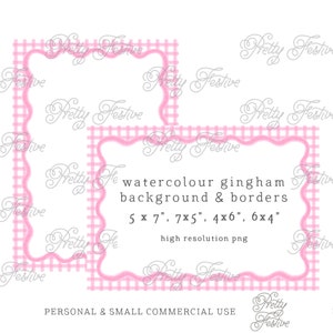 5x7" printable Pink Gingham Watercolor Border card template clipart, 6x4", patterned background for invitations print at home 042  Teacher