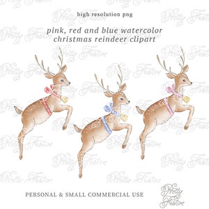 Christmas Reindeer Clipart Red Blue & Pink set of 3, Watercolor Deer Fawn Clipart, Preppy Heirloom Christmas, Christmas Cards 141