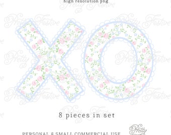 Könnte beinhalten: Ein Satz von acht druckbaren Clipart-Bildern der Buchstaben X und O. Die Buchstaben sind in Blau umrandet und mit einem floralen Muster aus rosa Rosen und blauen Blumen auf weißem Hintergrund gefüllt. Der Text "chintz pattern XO clipart set" und "high resolution png" befindet sich oben im Bild. Der Text "8 pieces in set" befindet sich in der Mitte des Bildes. Der Text "PERSONAL & SMALL COMMERCIAL USE" befindet sich unten im Bild.