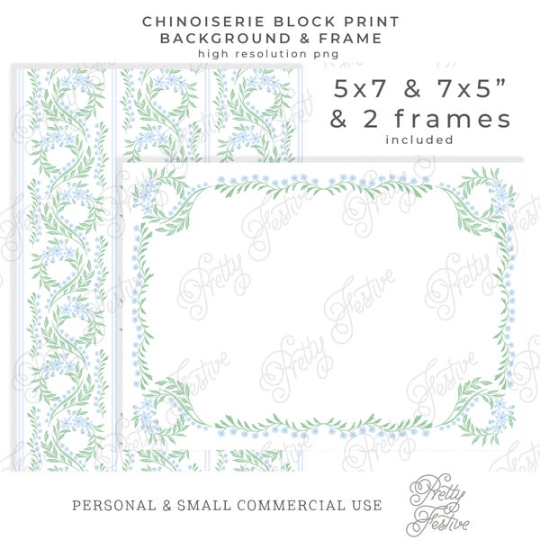 Chinoiserie Blue Block Print & Frame 7x5, Watercolor Blue and White Printable Wreath Background Pattern, Preppy Grandmillenial 123