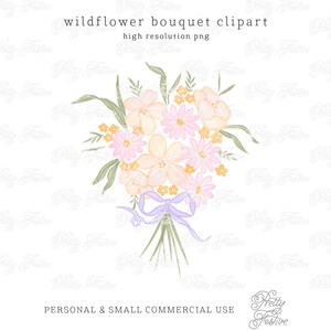Handpainted Watercolor Wildflower Bouquet Grandmillenial Clipart, Hand Drawn Botanicals, Peach and Lilac Bow Tied Florals 058