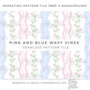 Blue Pink & Rosbud Scallop Wavy Block Print Preppy Seamless Repeating Pattern File Heirloom Pattern for fabric, personalized stationery 171
