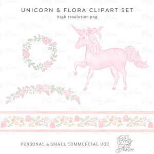 Grandmillennial Unicorn Ribbon Clipart, Wreath, Swag & Border PNG Set, Hand Drawn Botanicals, Personalized Stationery Little Girls Party 055