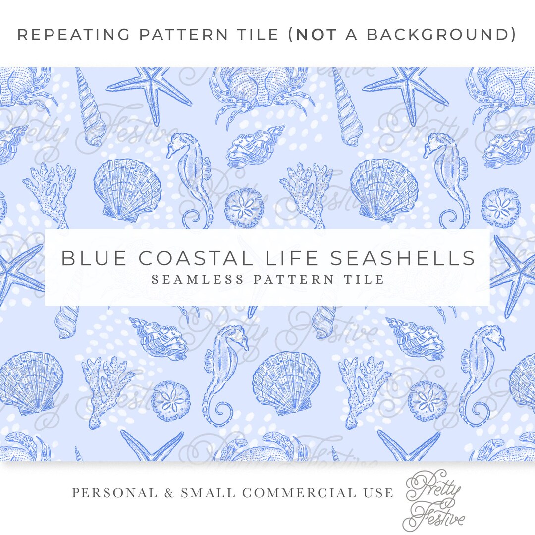 Shell Repeting Pattern Blue Coastal Blue Seashells Beach Seamless Repeating Pattern, Handdrawn ...