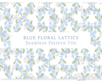 Peut inclure: Un motif de tuile sans couture avec un motif répétitif de fleurs bleues et de feuilles vertes sur un fond blanc. Le texte "BLUE FLORAL LATTICE Seamless Pattern Tile" est affiché au centre de l'image. Le texte "PERSONAL & SMALL COMMERCIAL USE" est affiché en bas de l'image.