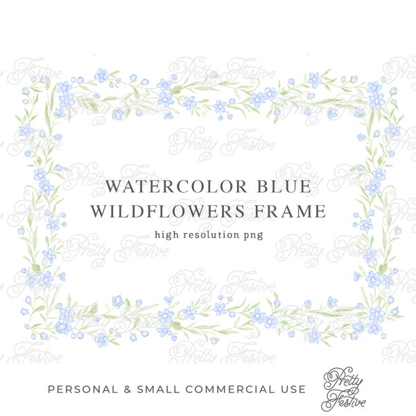 Watercolour Blue Wild Flowers Border Frame Clipart, Heirloom Grandmillennial Preppy Blue Floral Frame, Climbing Rose Clipart 120
