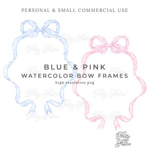 Pink & Blue Bow Frames Watercolor Clipart png, preppy bow crest, grand millennial ribbon bow border, Birth Announcements, photo cards 159