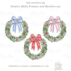 Christmas Wreath with Ribbon Bow Clipart Set of Three, Fir Swag Clipart, Festive Border, Chinoiserie Christmas Clipart, Christmas Cards 139
