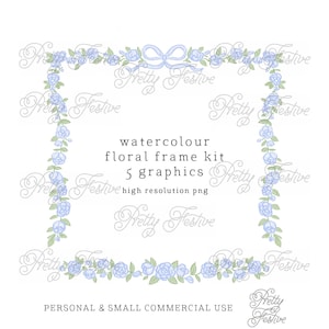 5 watercolor clipart blue floral border & frames set, preppy ribbon bow wreath for invites, personalised stationery, printables 039
