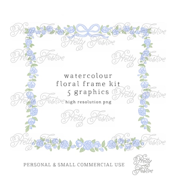 5 watercolor clipart blue floral border & frames set, preppy ribbon bow wreath for invites, personalised stationery, printables 039
