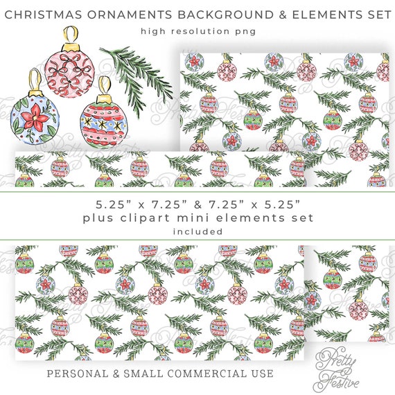 Christmas Baubles and Fir Garland Swags Stationery printable and clipart set, Watercolor Ornaments, 7x5, preppy, grand millennial preppy 145