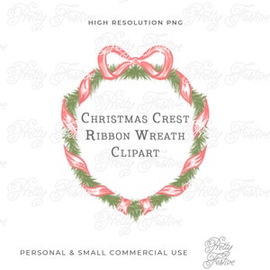 Red Christmas Crest Wreath clipart design with Red Ribbon and Bow, Xmas Fir Greenery Crest, holiday photo card, grandmillenal preppy 077