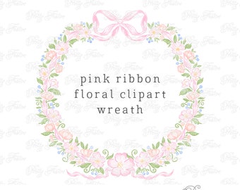 Pink Watercolour Bow and Florals Wreath Frame, Preppy Grandmillenial Wreath, Preppy Bow and Ribbon Wreath Clipart 083