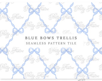 Vintage Blue Bow Trellis Seamless Repeating Pattern Block Print jpeg Preppy Handpainted fabric print, personalized stationery, gift wrap 053