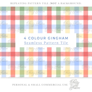 May include: A seamless pattern tile featuring a gingham design in four colors: light blue, light green, light orange, and light pink. The tile is repeated to create a larger pattern. The text "4 COLOUR GINGHAM Seamless Pattern Tile" is written in the center of the image.