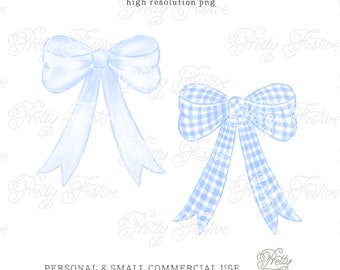 Blue Watercolor Bow Clipart, Blue Gingham Bow Clipart png, Watercolor Checkered Ribbon design, Grandmillennial Bow, baby girl garland 128