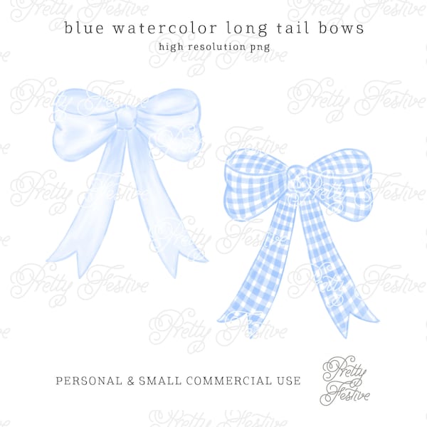 Blue Watercolor Bow Clipart, Blue Gingham Bow Clipart png, Watercolor Checkered Ribbon design, Grandmillennial Bow, baby girl garland 128